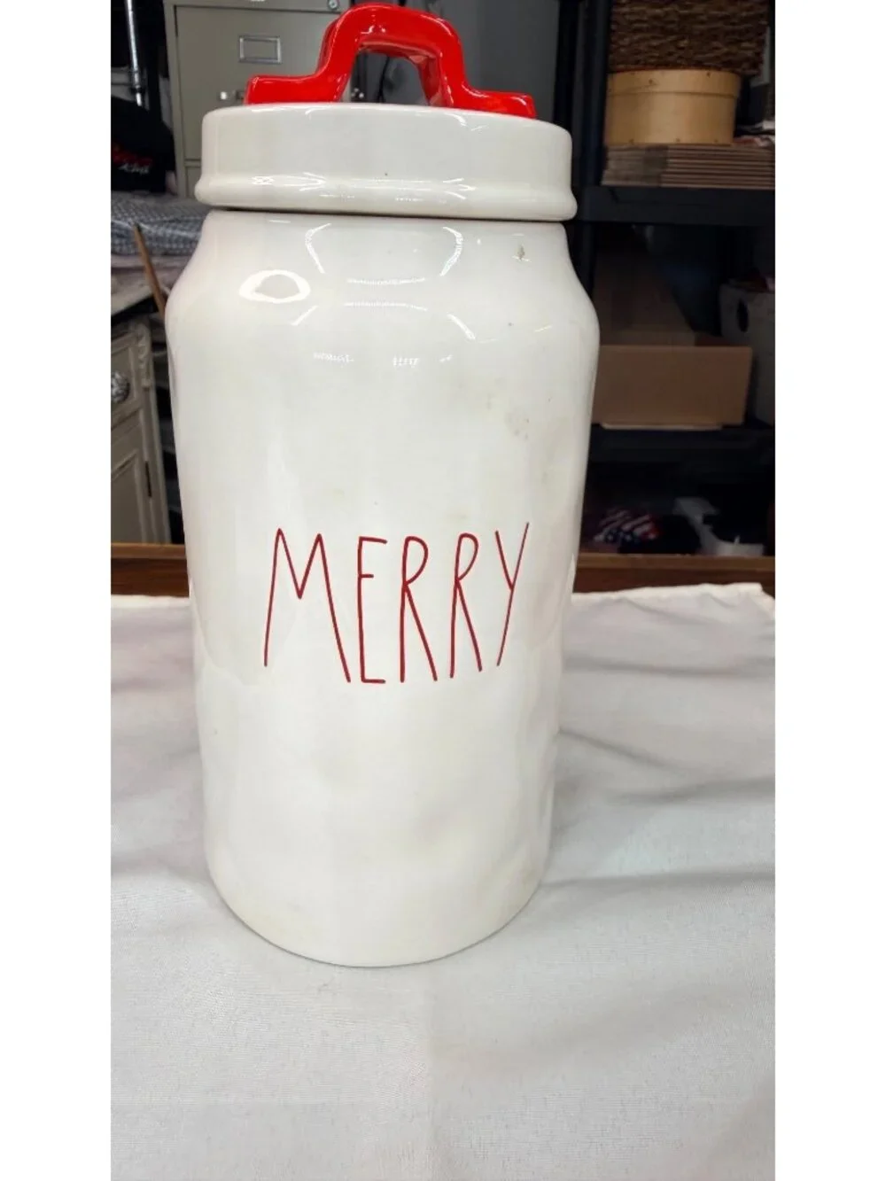 Rae Dunn MERRY Christmas Canister Red Handle Lid White Ceramic Farmhouse